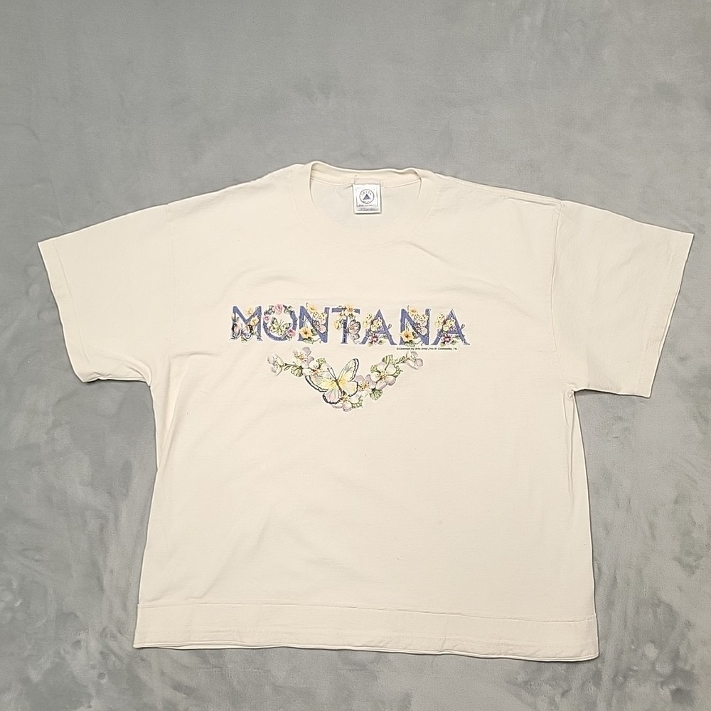 VTG Montana Butterfly Floral Graphic Shirt Womens Large Cream Souvenir Nature